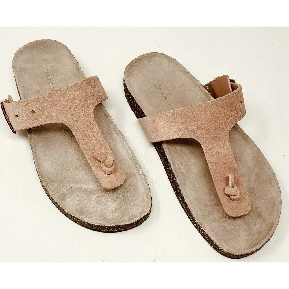 🆕Tory Burch Mellow T-Strap Suede Thong Cork Malva Pink Sandals NIB